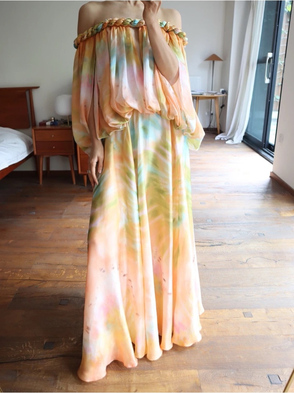 Designer Runway Luna Twist Off-Shoulder Tie-Dye Maxi Dress